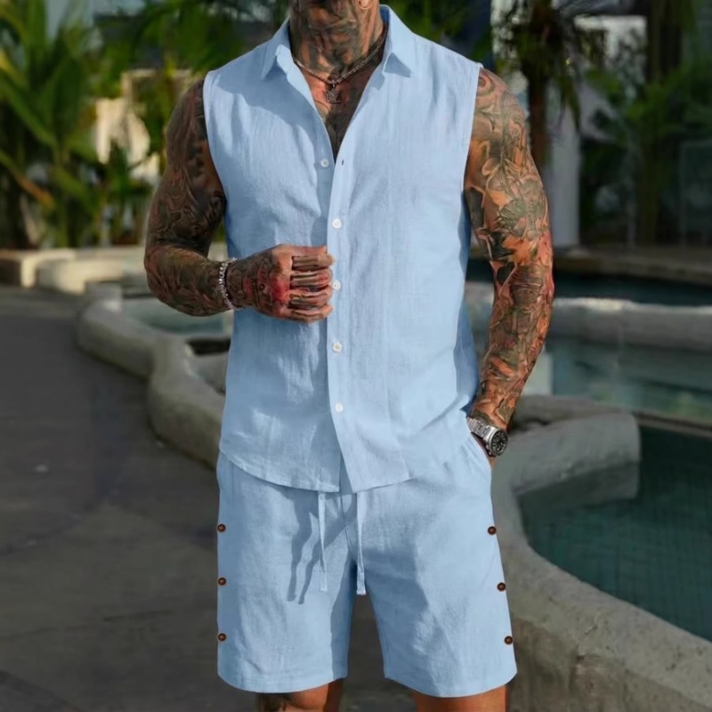Linen Shorts Men - طقم رجالي من قطعتين بنسيج كتان