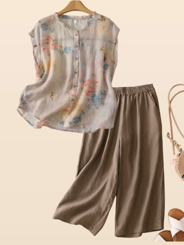 Summer Clothing Over 60 - قميص صيفي من القطن والكتان بطبعة