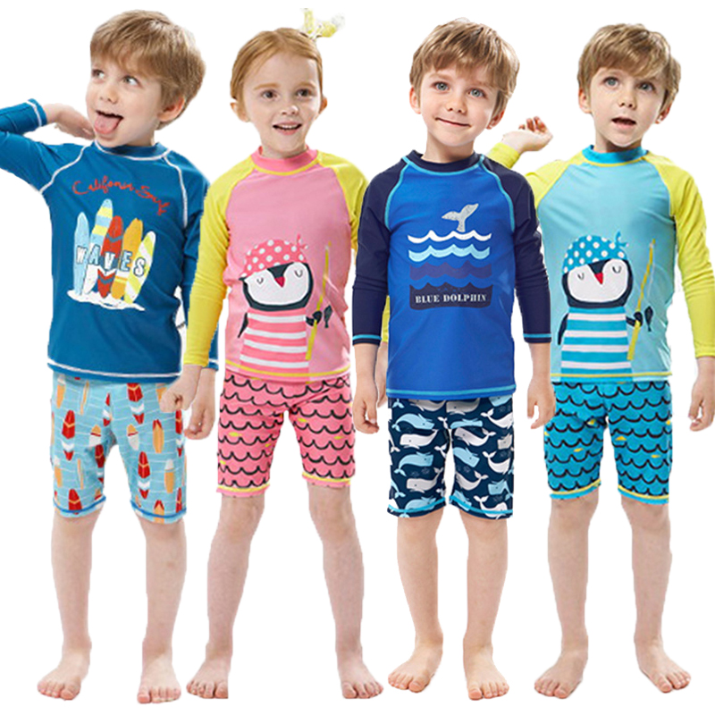 Rash Guard Long Sleeve - ملابس سباحة للأطفال بطبعة دولفين، قطعتين،