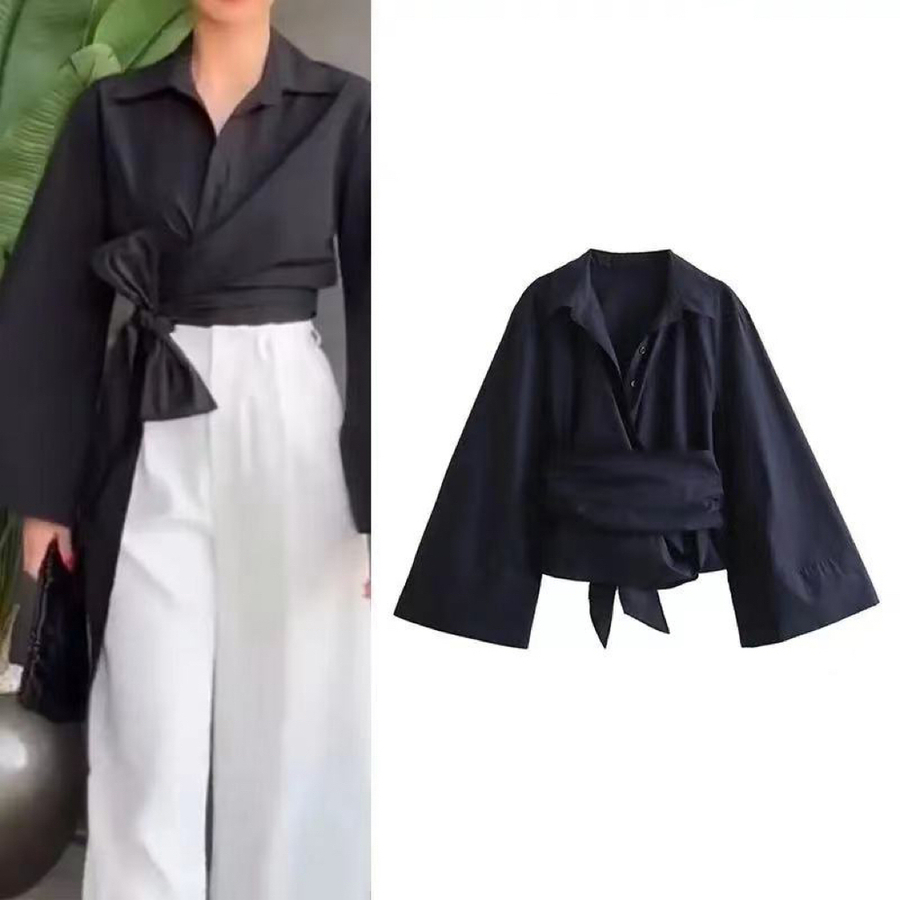 Tie Front Shirt - قميص بوبلين مزدوج الصدر للنساء ،