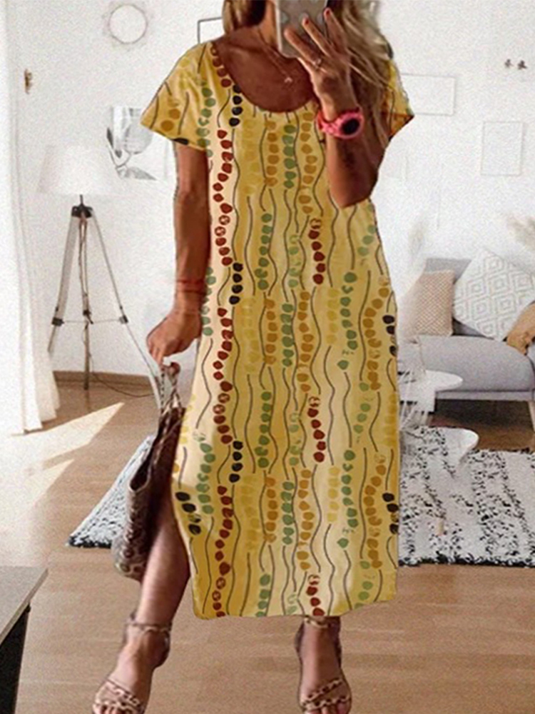 Summer Upf Clothing - فستان ميدي مطبوع باللون الأصفر بمقاسات
