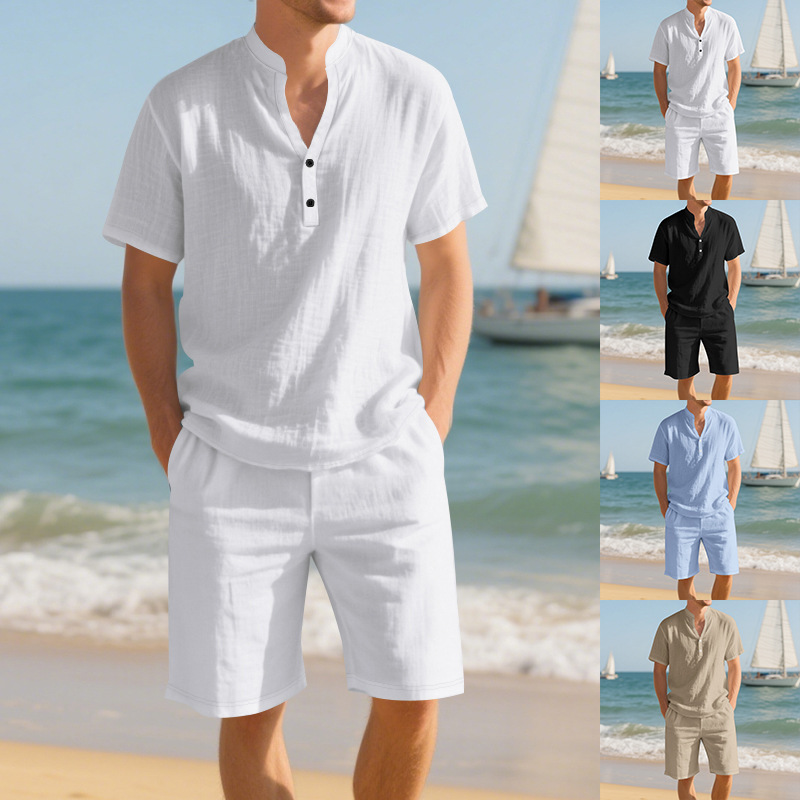 طقم رجالي صيفي من قطعتين: قميص - مراجعة Linen Shorts Men وسعره